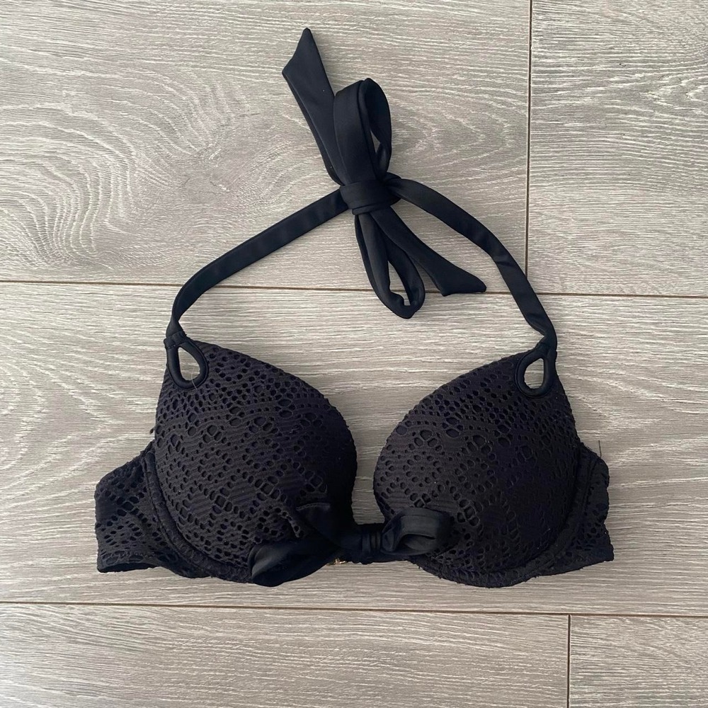 Victoria's Secret The Gorgeous Black Crochet Push Up Halter Bikini Top 32B Y2K
